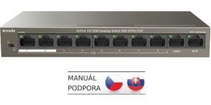 Obrázok pre výrobcu Tenda TEF1110P-8-63W PoE AT switch - 8x PoE 100 Mb/s + 2x Uplink 100 Mb/s, PoE max 63W, fanless