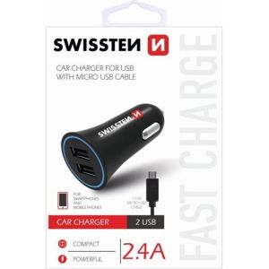 Obrázok pre výrobcu Adaptér do auta SWISSTEN 12W, 2 porty, USB-A, kábel microUSB