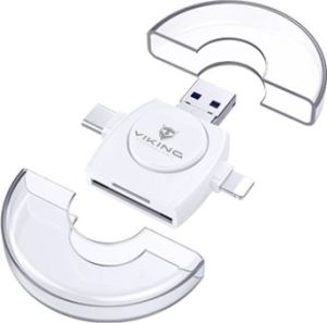 Obrázok pre výrobcu Viking OTG čtečka paměťových karet SD a Micro SD 4v1 s koncovkou APPLE Lightning / Micro USB / USB 3.0 / USB-C, bílá