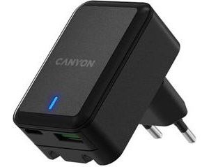 Obrázok pre výrobcu Canyon CNS-CHA20B, vysokorýchlostná skladacia nabíjačka do steny 1xUSB-C, 20W, PD + 1xUSB-A 18W QC3.0, čierna