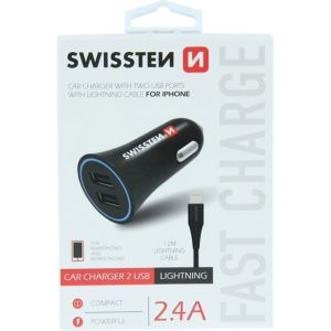 Obrázok pre výrobcu Adaptér do auta SWISSTEN 12W, 2 porty, USB-A, kábel Lighting MFi