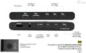 Obrázok pre výrobcu i-tec KVM Docking Station HDMI for 2 hosts, Power Delivery 2x 100W