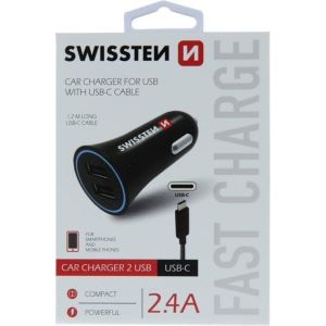 Obrázok pre výrobcu Adaptér do auta SWISSTEN 12W, 2 porty, USB-A, kábel USB-C