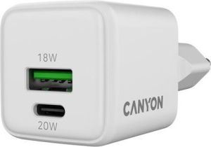 Obrázok pre výrobcu Canyon CU20AC vysokorýchlostná kompaktná univerzálna nabíjačka do steny 1x USB-C 20W, 1x USB-A 18W