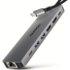 Obrázok pre výrobcu AXAGON HMC-7HX2, USB 5Gbps hub, 2x USB-A, USB-C, 2x HDMI 4k/60Hz, RJ-45 GLAN, PD 100W, kabel 15cm