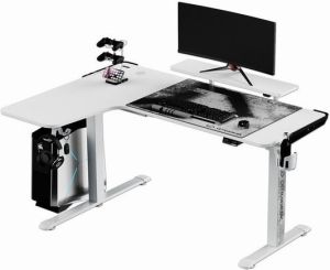 Obrázok pre výrobcu ULTRADESK Herný stôl WINGER - biely, 111x155x60 cm, 75-122 cm, elektricky nastaviteľná výška, RGB podsvietenie, držiak slúchadiel